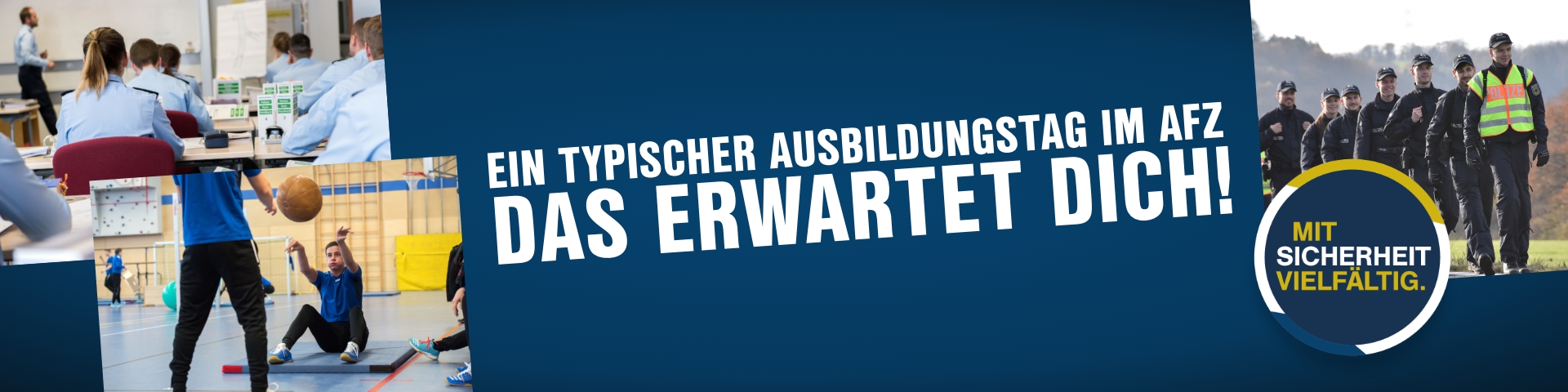 Das Header-Bild zeigt einen Ausbildungstag bei der Bundespolizei im Ausbildungs- und Fortbildungszentrum (AFZ). Auf dem Bild sind Anwärter in Uniform zu sehen, die gemeinsam an einer Sporteinheit teilnehmen. Diese Aktivität verdeutlicht den Fokus auf Teamarbeit, Fitness und praktische Ausbildung, die für eine Karriere bei der Bundespolizei entscheidend sind. Text im Bild: 