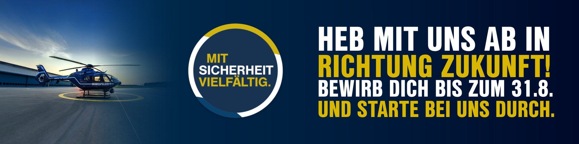 Header-Bild für das Pilotprojekt der Bundespolizei. Abgebildet sind Polizeihubschrauber und Bewerber im Auswahlprozess. Text auf dem Bild: 