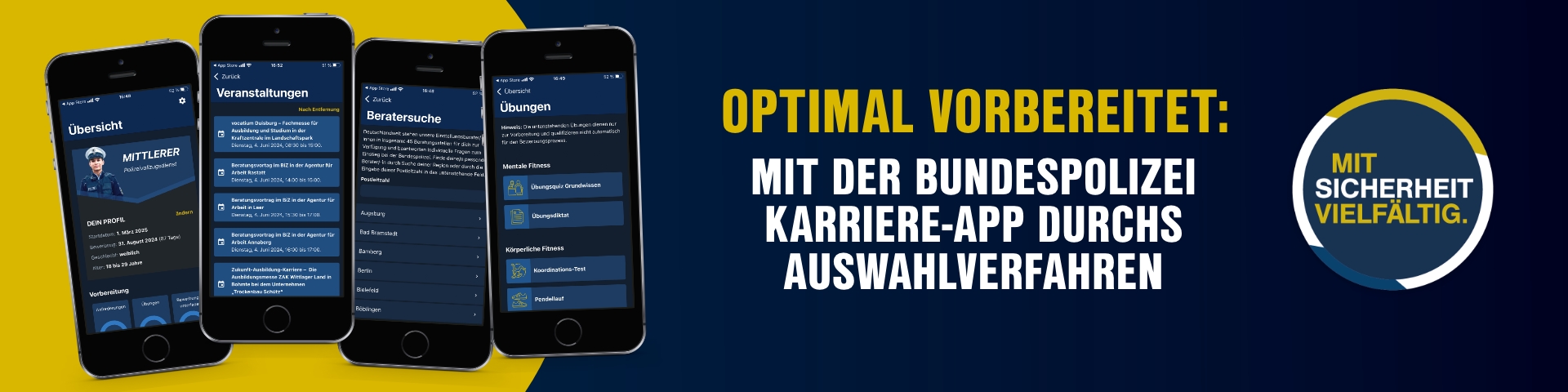 Screenshot der Karriere-App der Bundespolizei, der eine Übersicht über Stellenangebote und Ausbildungsinformationen zeigt. Das Bild illustriert die benutzerfreundliche Schnittstelle und die Unterstützung, die die App Bewerbern bietet.